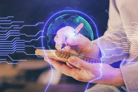 Brain multi exposure icon with man hands background. Concept of learning.