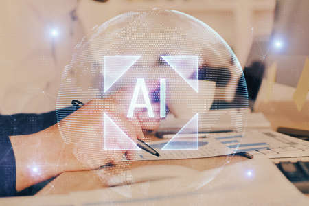 Humans hands with data theme double exposure background drawings. Concept of big data.
