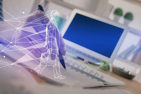 Start up creative drawing over close up hands on background. Concept of brainstorming. Multi exposureの写真素材