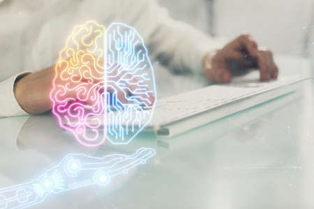 Man with computer background with brain theme hologram. Concept of brainstorm. Double exposure.