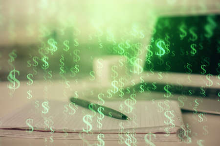 Double exposure of financial graph drawings and desk with open notebook background. Concept of forex marketの写真素材