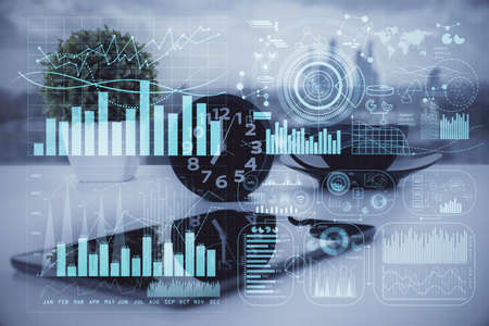 Double exposure of forex graph drawing and cell phone background. Concept of financial data analysis