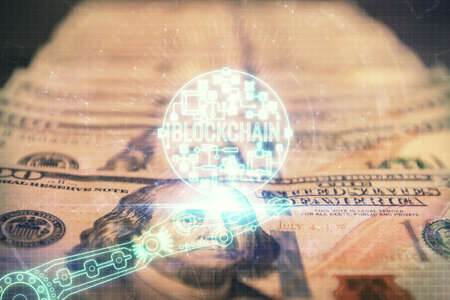 Multi exposure of crypto theme drawing over us dollars bill background. Concept of blockchain...