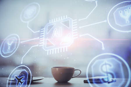 Double exposure of Ai data theme drawing over coffee cup background in office.
