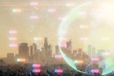 Map and data theme hologram on city view with skyscrapers background double exposure. International...
