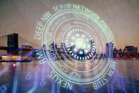 Data theme hologram drawing on city view with skyscrapers background multi exposure. Ai concept.