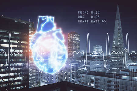 Double exposure of heart icon and cityscape background.