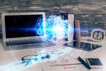 Multi exposure of desktop with computer on background and tech theme drawing. Concept of big data.
