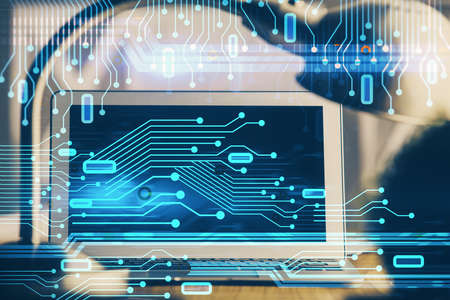 Double exposure of desktop with personal computer on background and tech theme drawing. Concept of...