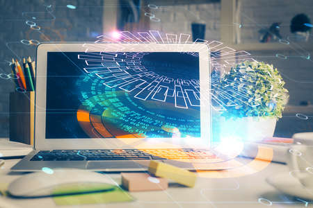 Double exposure of desktop with personal computer on background and tech theme drawing. Concept of...