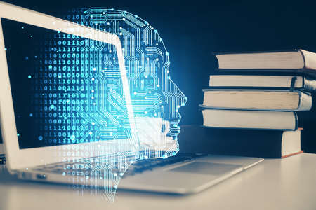 Double exposure of work space with computer and human brain drawing hologram. Brainstorm concept.