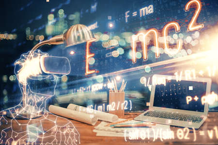 Desktop computer background and formula hologram writing. Double exposure. Education concept.