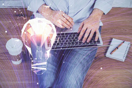 Growing arrows with businessman working on computer on background. Success concept. Double exposure.