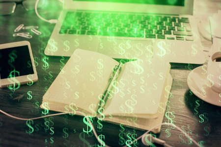 Multi exposure of financial graph drawings and desk with open notebook background. Concept of forexの写真素材
