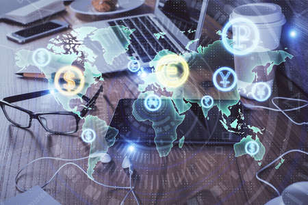 Double exposure of forex chart drawing and cell phone background. Concept of financial trading