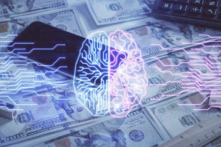 Double exposure of brain drawing over us dollars bill background. Technology concept.