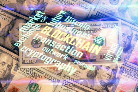 Multi exposure of crypto theme drawing over us dollars bill background. Concept of blockchain...