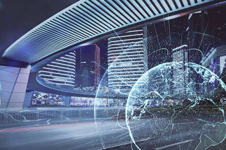 Multi exposure of social network theme drawing and cityscape background. Concept of people connecton.の写真素材