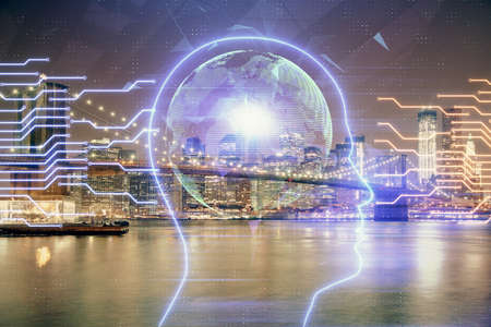 Brain hologram drawing on city scape background Double exposure. Brainstorming concept.の写真素材