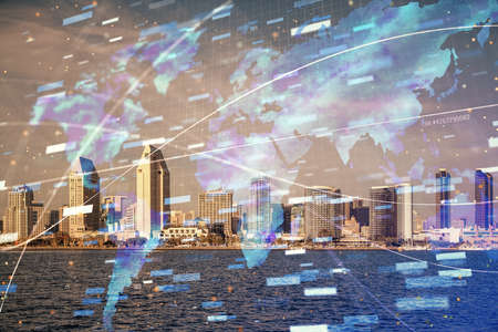 Data theme hologram drawing on city view with skyscrapers background multi exposure. Bigdata...