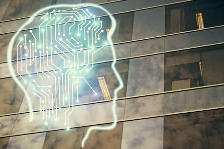 Brain hologram drawing on city scape background Double exposure. Brainstorming concept.