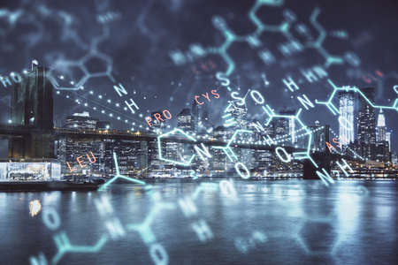 Double exposure of sience formula drawing and cityscape background. Concept of education.の写真素材