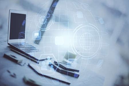 Computer on desktop with social network hologram. Double exposure. Concept of international people...