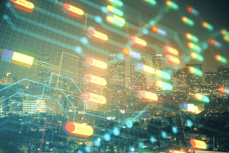 Data theme hologram drawing on city view with skyscrapers background multi exposure. Ai concept.