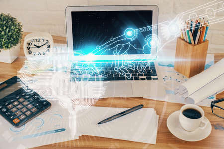 Double exposure of desktop computer and human brain drawing hologram. Ai concept.