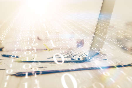 Double exposure of desktop with personal computer on background and tech theme drawing. Concept of data analysis.の写真素材