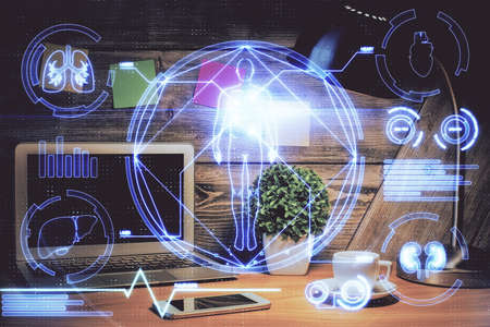 Desktop computer background and education theme drawing. Double exposure. Study concept.