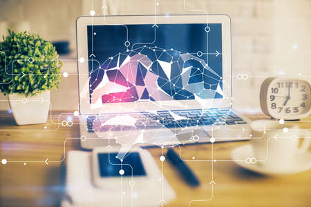 Double exposure of desktop computer and human brain drawing hologram. Ai concept.の写真素材