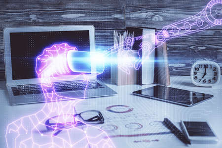 Computer on desktop with AR theme icon. Multi exposure. Concept of augmented reality.