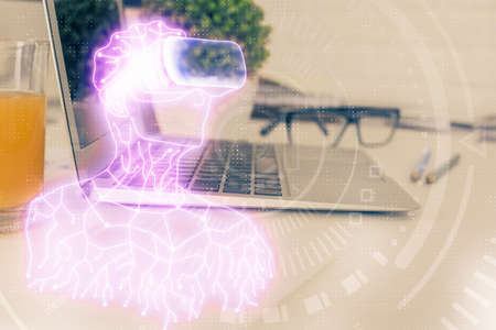 Computer on desktop with AR theme icon. Multi exposure. Concept of augmented reality.