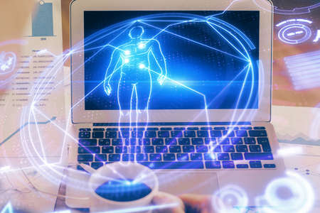 Desktop computer background and education theme drawing. Double exposure. Study concept.の写真素材