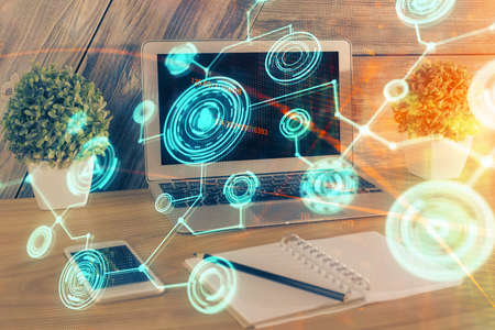 Computer on desktop with social network theme icon. Multi exposure. Concept of international...