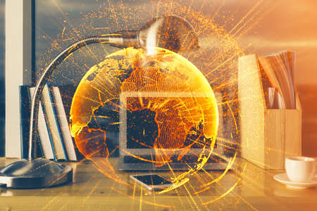 Computer on desktop with social network theme icon. Multi exposure. Concept of international...