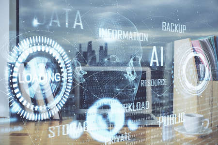 Double exposure of computer and technology theme drawing. Concept of innovation.