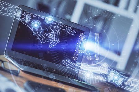 Technology theme drawing and work space with computer. Double exposure. Concept of innovation.