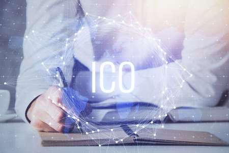 Businessman with hands background. Multi exposure with crypto currency concept.の写真素材