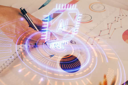 Writing mans hands background with technology huds. Double exposure. Concept data.