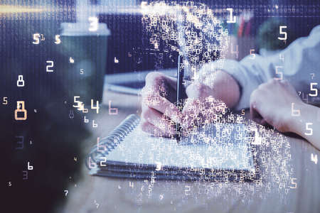 Tech theme hologram over womans hands taking notes background. Concept of hightech. Double exposure