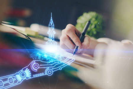 Start up creative drawing over close up hands on background. Concept of brainstorming. Multi...