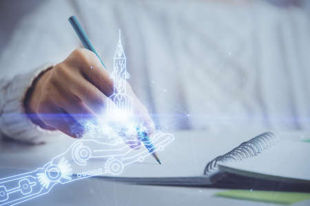 Start up creative drawing over close up hands on background. Concept of brainstorming. Multi...