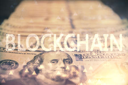 Multi exposure of crypto theme drawing over us dollars bill background. Concept of blockchain...