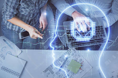 Double exposure of man and woman working together and human brain hologram drawing. Brainstorm...
