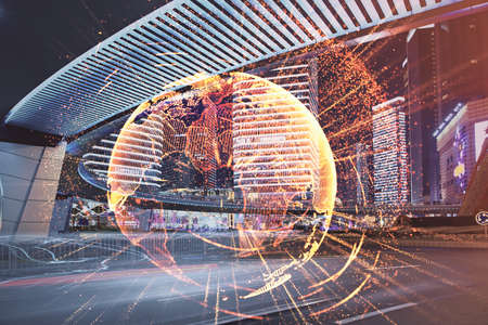 Multi exposure of social network theme drawing and cityscape background. Concept of people connecton.の写真素材