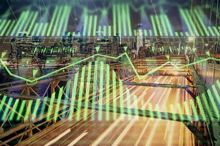 Data theme hologram drawing on city view with skyscrapers background double exposure. Ai concept.