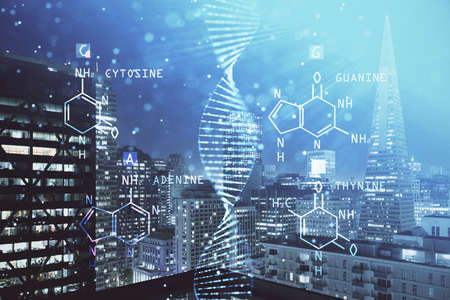 Double exposure of DNA drawing and cityscape background. Concept of education.
