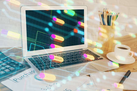 Multi exposure of desktop with computer on background and tech theme drawing. Concept of big data.